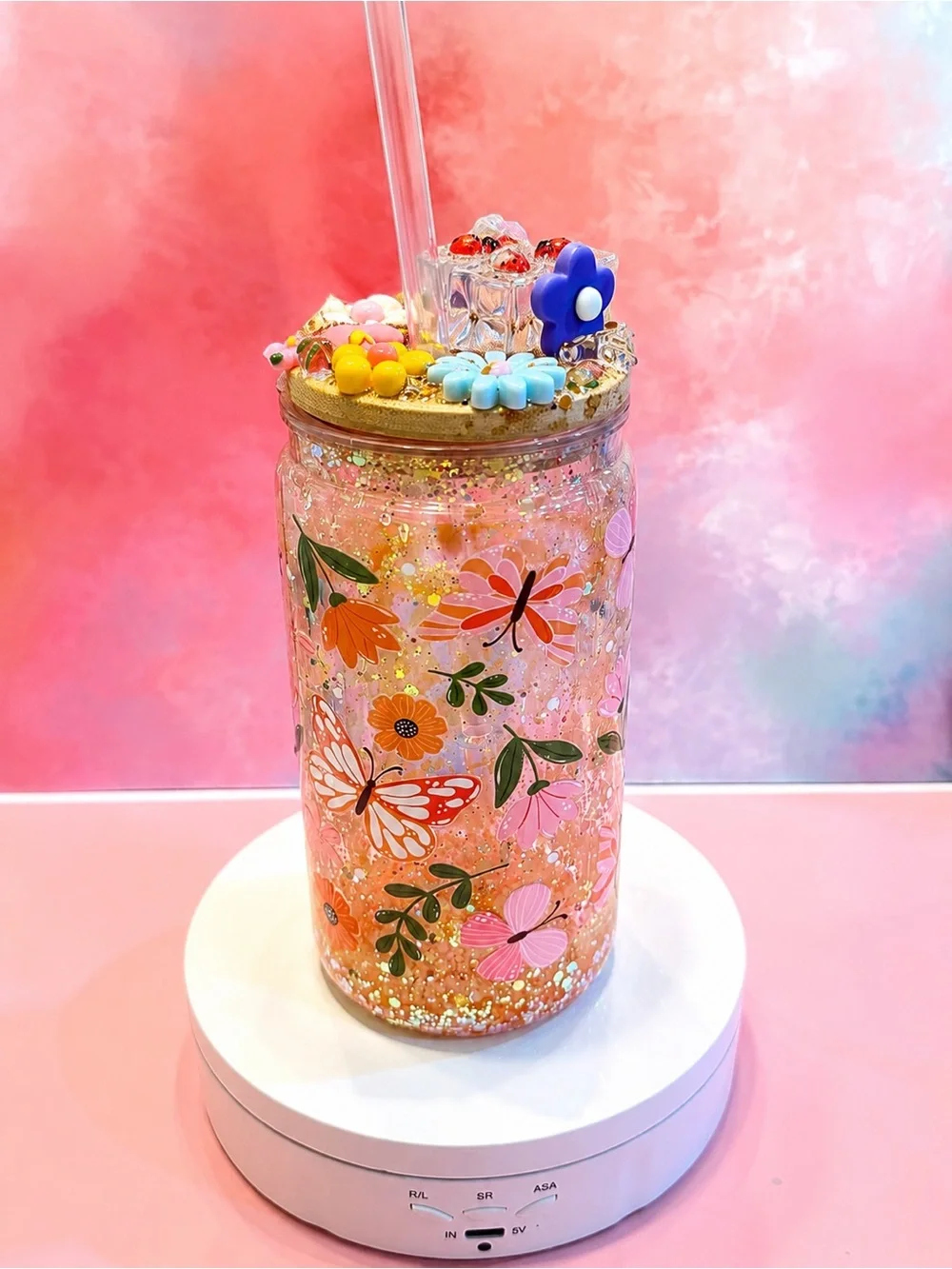 Handmade glitter floral butterfly mason jar tumble with straw| cute kawaii cup